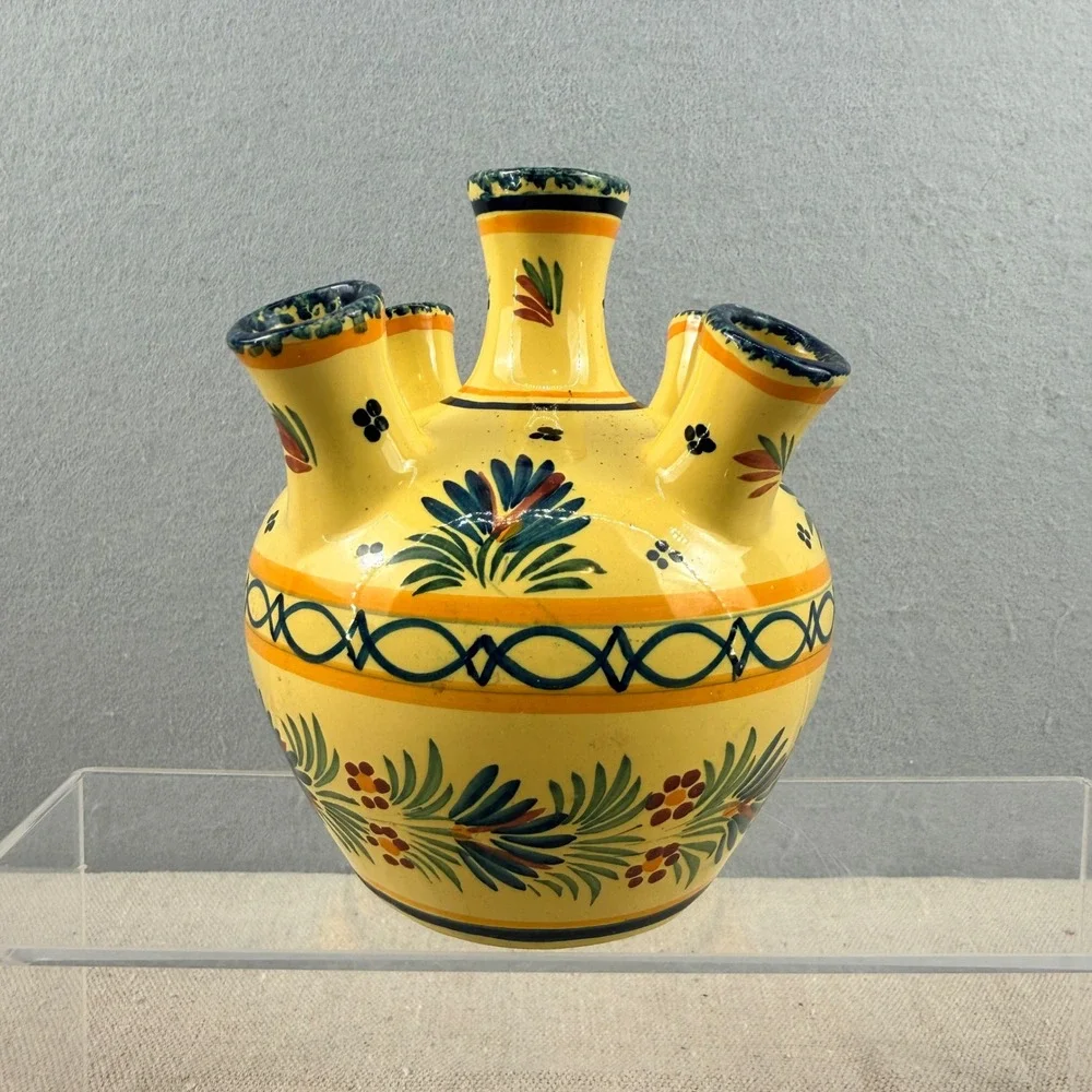 Vintage HenRiot Quimper France 5-Finger Tulip Vase Yellow Floral Quintal